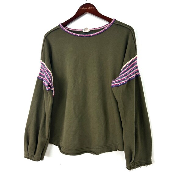 Natural Life Boho Knit Trim Sweatshirt Womens L XL Green Comfy Casual Oversized - Picture 2 of 12